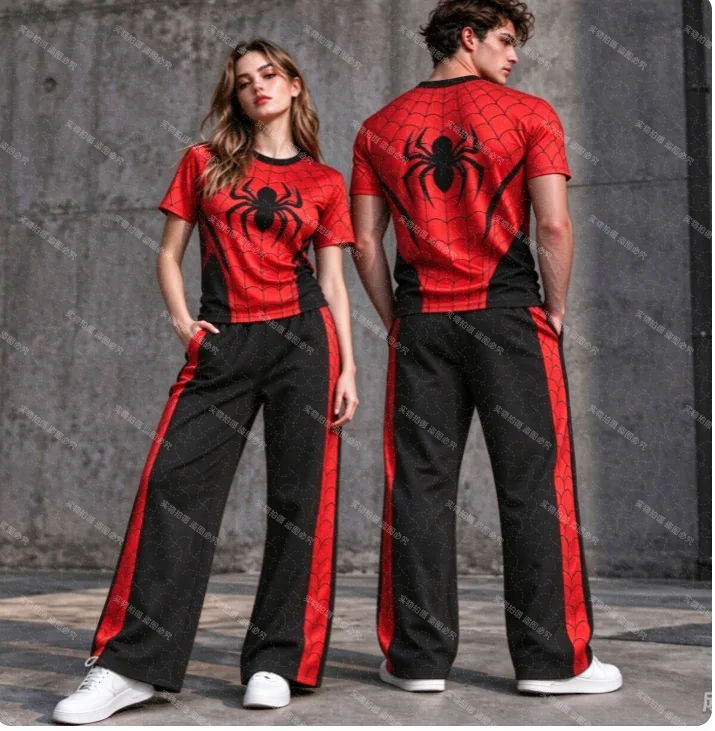26-27 New Style Red and Black Spider Print Short-sleeved Shirt + Side Spider Web Wide-leg Pants 2-piece Set Family Matching