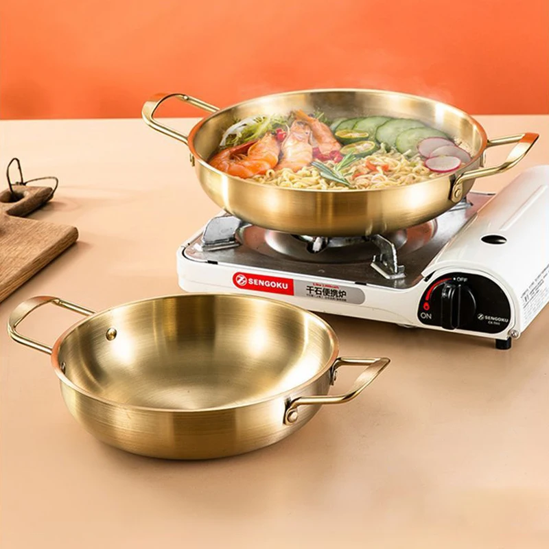 Olla seca de acero inoxidable para fideos instantáneos, bote de fideos Lamian, bote de fideos dorados para mariscos, olla pequeña para sopa, fideos instantáneos, olla de dos orejas