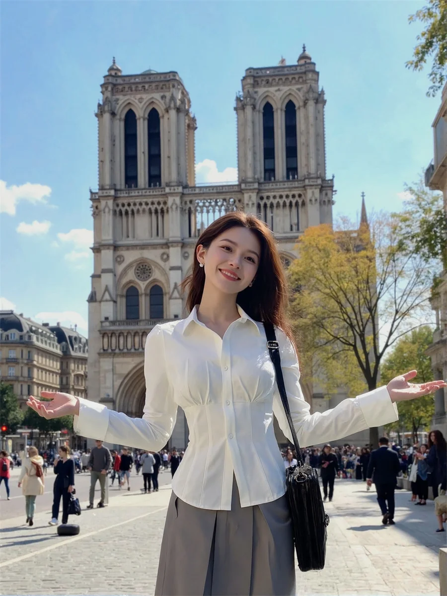 

Shirts Women Slim Fit Long Sleeve Tops with Button-Up Front Lace Trim and Preppy Style Details for Korean Daily Chic Wear