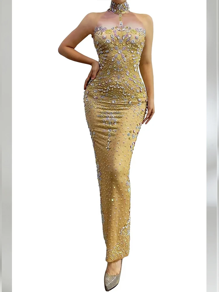 Alta qualidade strass sexy pescoço pendurado vestido elástico 2025 nova moda roupas femininas personalizadas