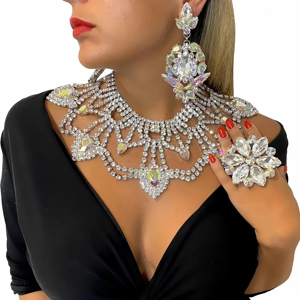 

Exaggerate Rhinestone Necklace Earrings Set for Women Drag Queen Accessories Shiny Crystal Large Jewelry Sets Indian Girl Gifts