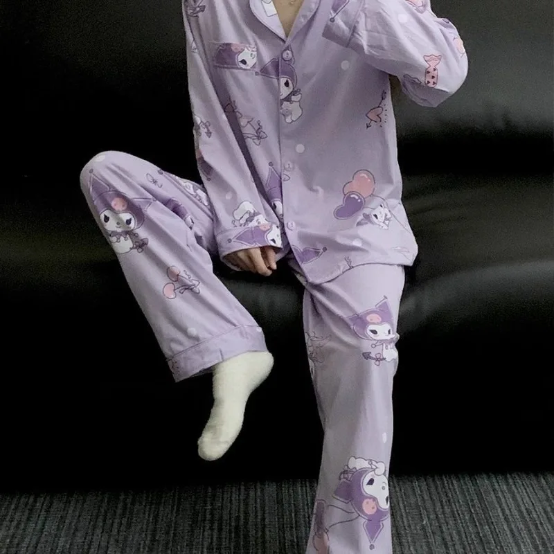 Purple Kuromi Cotton Pajamas for Girls Spring and Autumn Long-sleeved Trousers Cartoon Cute Ins Style Warm Cozy Home Clothes Set