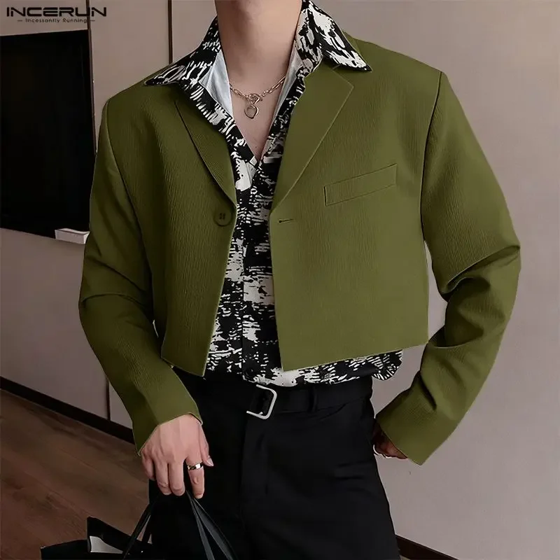 

INCERUN Men Blazer Solid Color Lapel Long Sleeve One Button Casual Male Suit Streetwear Fashion Leisure Crop Coats Men Blazer