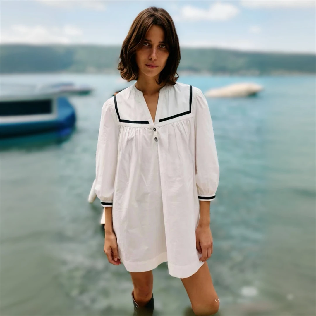 

Nautical Theme Cotton Sailor Collar Dress Parisian Style Spring 2026 Casual Travel A-Line Skirt Seven Sleeve Button Closure