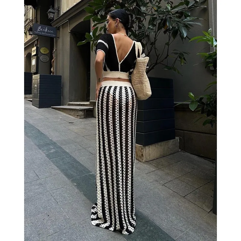 2024 Zomer Elegante Gestreepte Gebreide Contrastkleuren 2-delige Set Vrouwen Sexy V-Hals Bandage Crop Tops Holle Lange Rok Streetwear