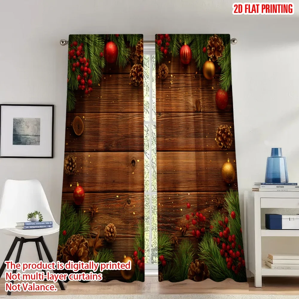 

2pcs 2D flat printing Christmas Party Curtains Christmas Pinecone Bauble Berries Digital Printed Polyester Drapes Family Party