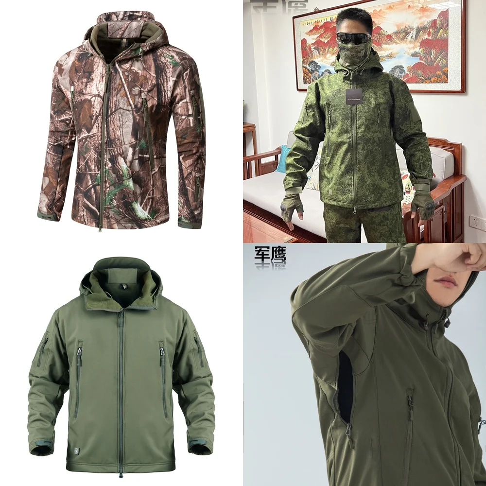 

Ветровка, мужская куртка-софтшелл, парка «три в одном», водонепроницаемая ветрозащитная куртка с капюшоном, уличное пальто с камуфляжным листом и флисовой подкладкой