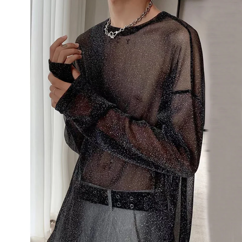 Male Long Sleeve Tee Round Neck Glitter Shimmer Sheer Mesh See Through Transparent Loose Fit Streetwear Clubwear Men