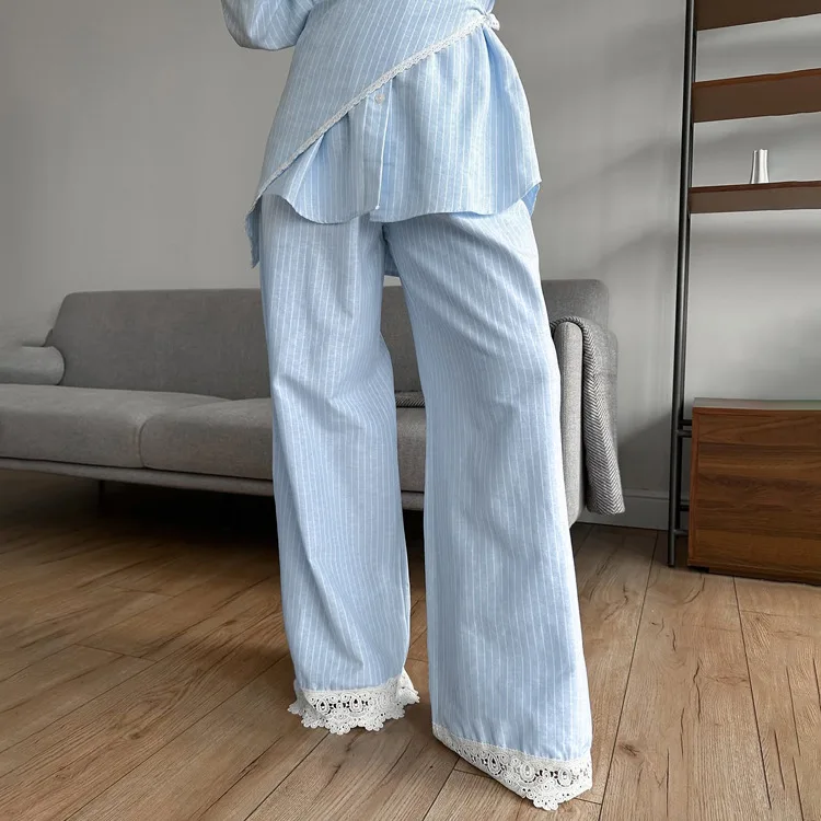 Conjunto informal de piezas de camiseta con estampado de rayas para mujer, cuello largo con ribete de encaje, pantalones de pierna ancha, conjunto Faionable