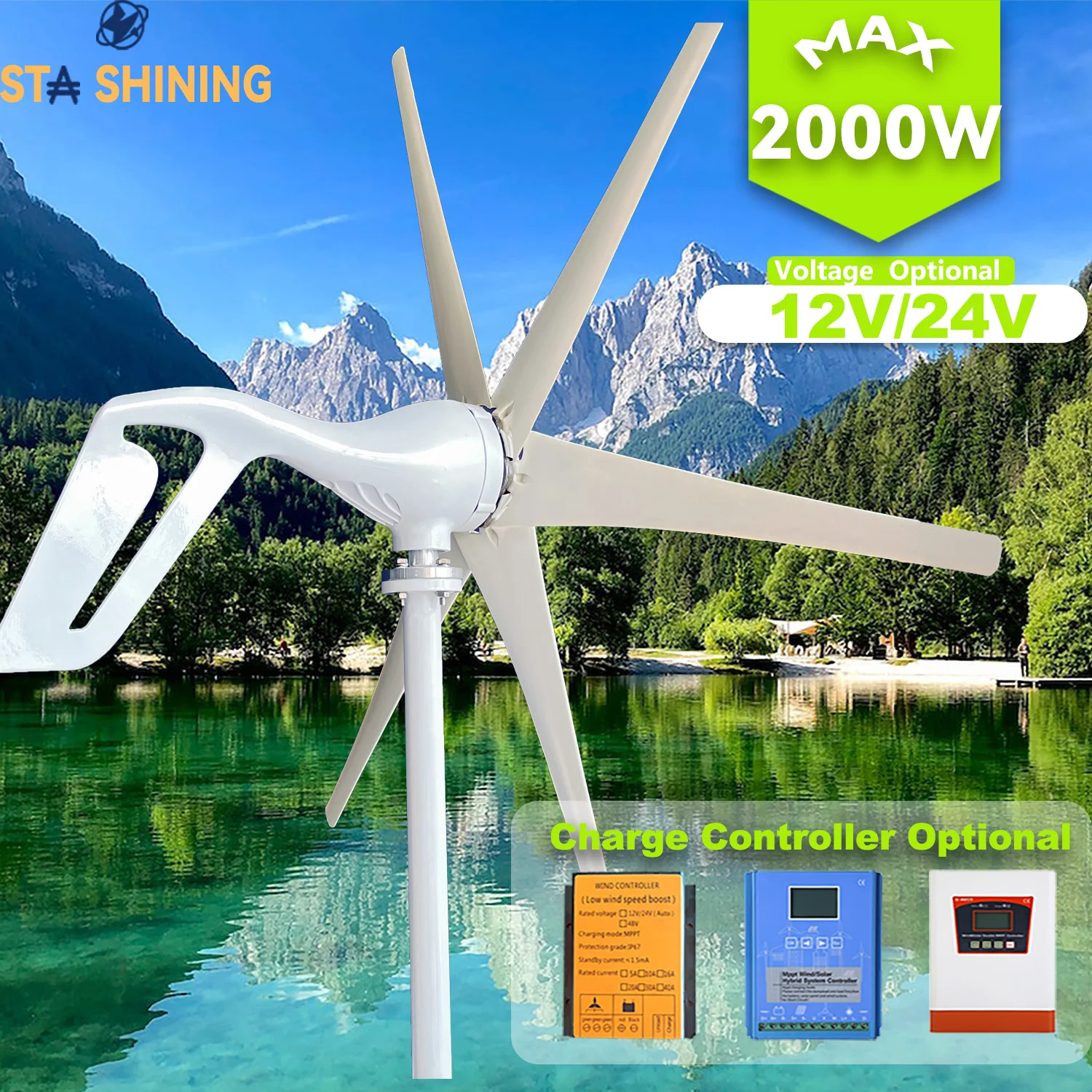 【Higher-Output】Horizontal Wind Turbine Generator 2000W Windmill w/MPPT Charger/Hybrid Solar Wind Power System, Home Use 6 Blades