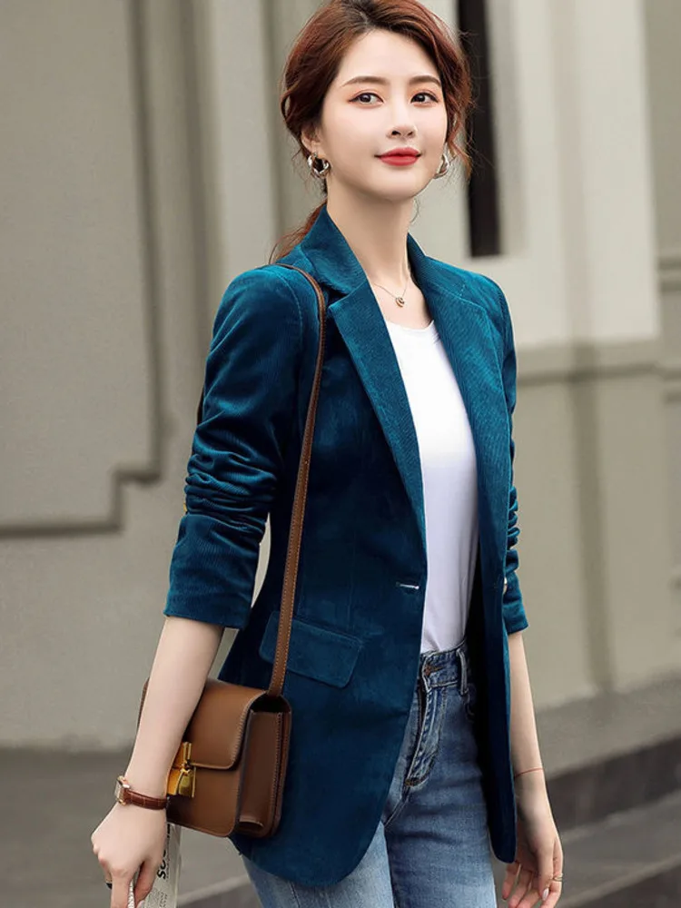 Women Blazer Corduroy Long Sleeve Retro Business Work Temperament Lapel Neck Loose Casual Solid Jackets 2023 New Spring Autumn