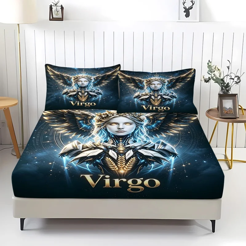 3Pcs Cyber Zodiac Fitted Sheet,Polyester,Multi‑Size,Washable Stretch,Metallic Mecha 12 Zodiac Nebula Pattern (No Pillow‑Core)