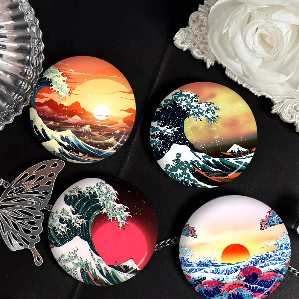 The Great Wave Off Kanagawa Art Cartoon Brooches Anime Badge Round Handmade Brooch Lapel Pins Jewelry for Backpack Clothes Gifts