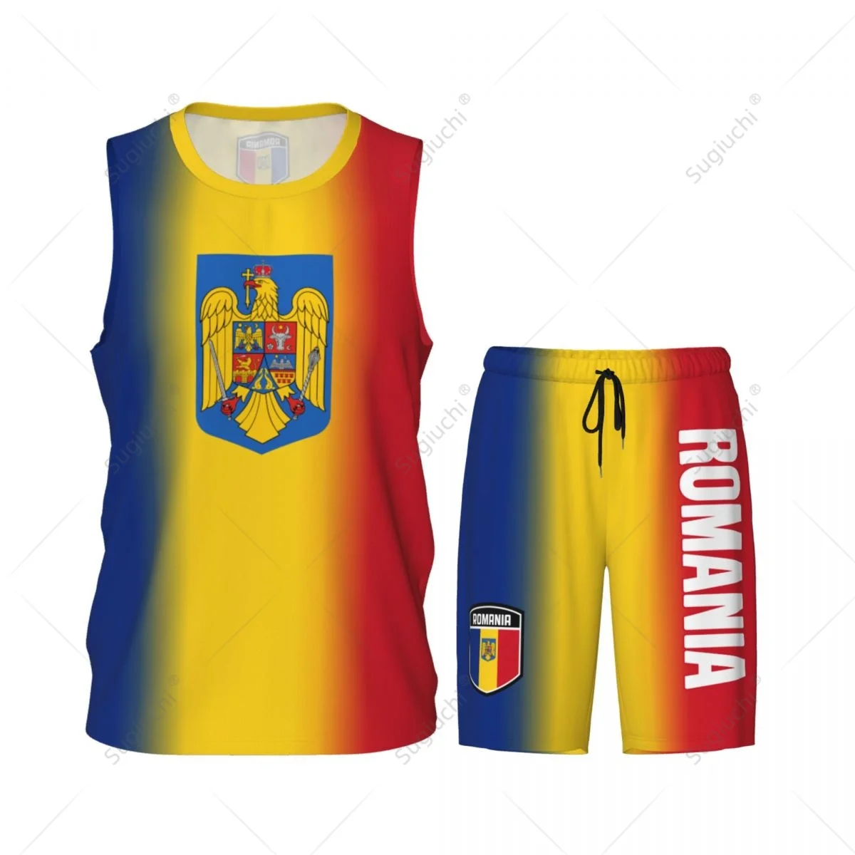 Men Romania Flag Basketball Jersey Set Mesh Shirt & Pants Sleeveless Exclusive Team-up Custom Name Nunber Unisex