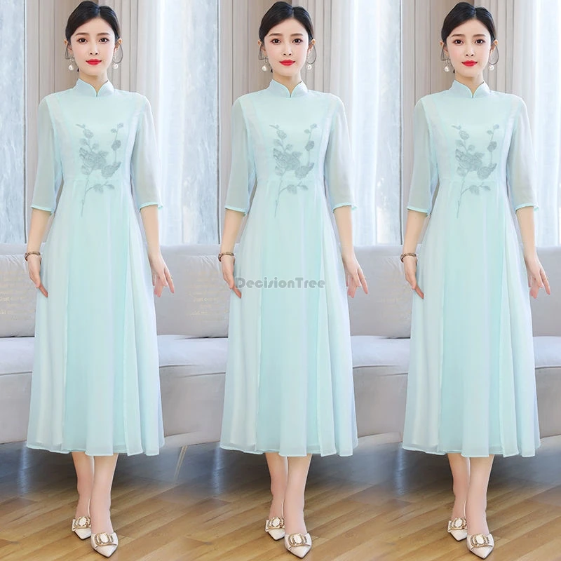 

2024 summer hanfu chinese style embroidered chiffon long cheongsam dress improved half sleeve chiffon qipao zen tea dress w427