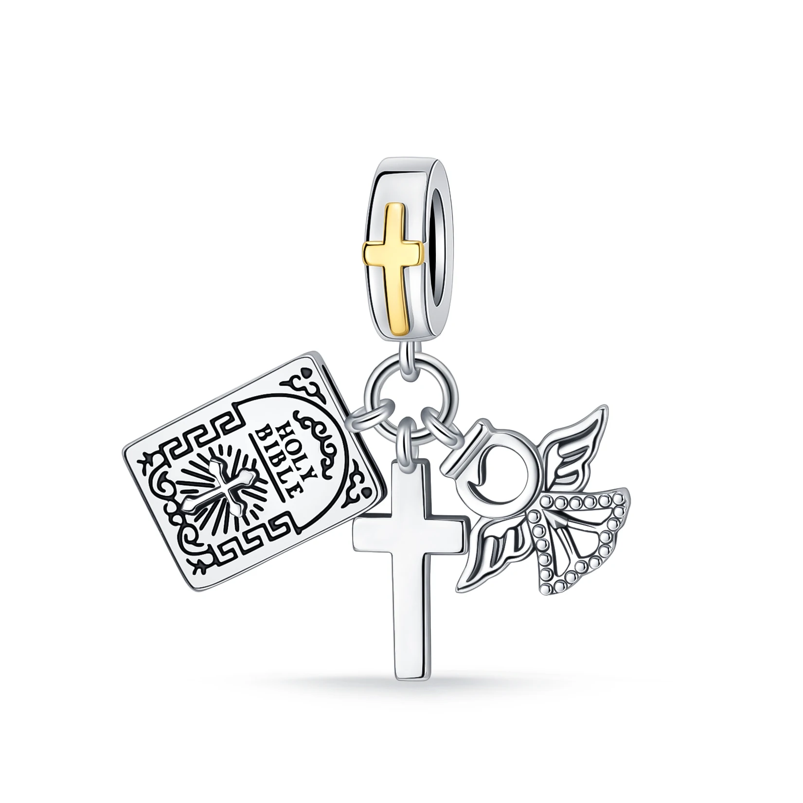 925 Sterling Silver Two Tone Gold Cross Bail Dangle Charm Holy Bible Cross Angel Triple Pendant Fit Women Bracelet Jewelry Gift