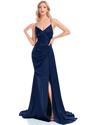 Lucyinlove Elegant Navy Blue Women Party Maxi Dress Luxury Soft Satin V-Neck Slit Evening Dress Ribbon Long Bridesmaid Dresses