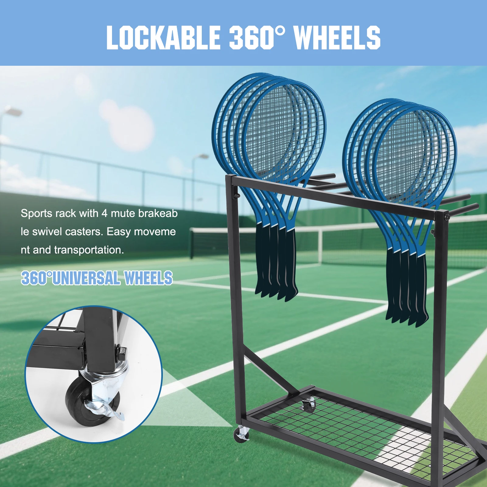 

2-Layer Tennis Racket Storage Rack W/ 360° Rotation Wheels Heavy Duty Tennis Display Organizer Holds 76 Tennis Racket 80x35x80CM