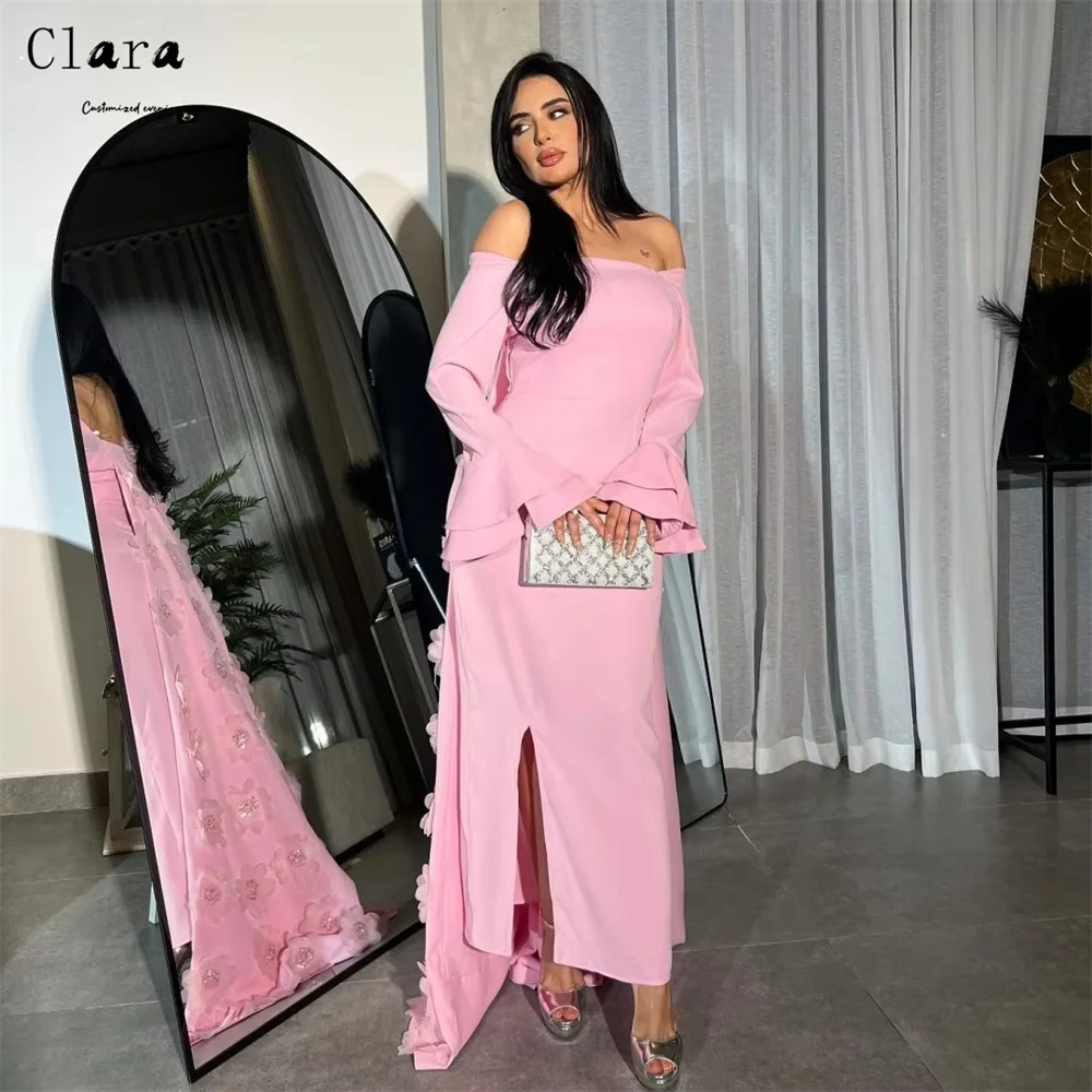 クララ カスタム ピンク 長袖 オフショルダー フィッシュテール 高級 パーティードレス 2025 女性用 高級 イブニングドレス ボールガウン ドレス