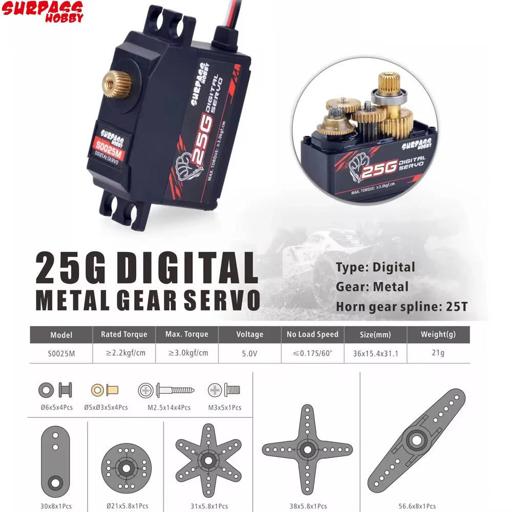 SURPASS HOBBY S0025M 25g Servo de engranaje de Metal 3KG Servo Digital para RC avión Robot 1/12 RC coche barco modelo RC