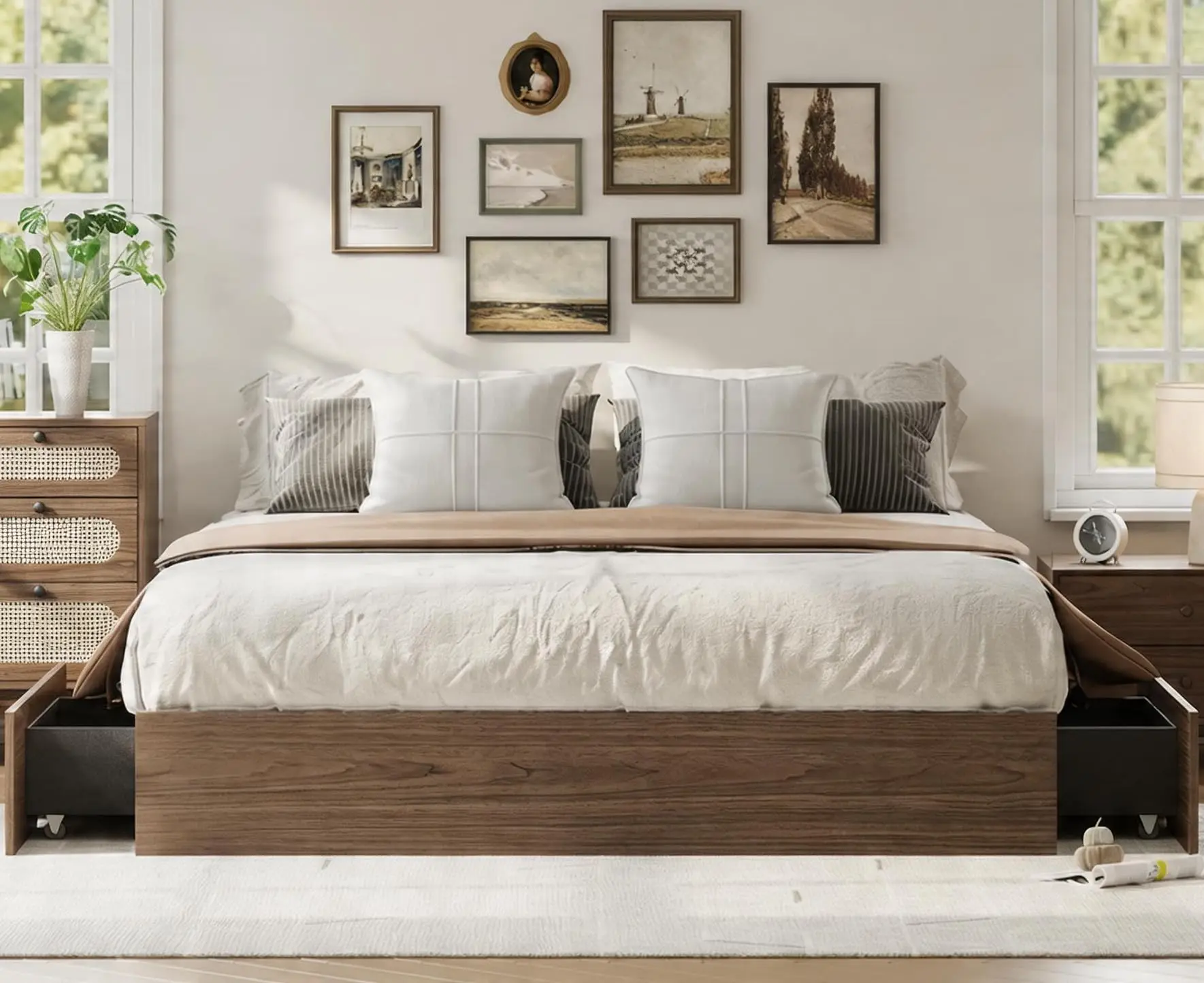 Full Bed Frame with Storage Drawers, Wooden Low Profile Bed Frame