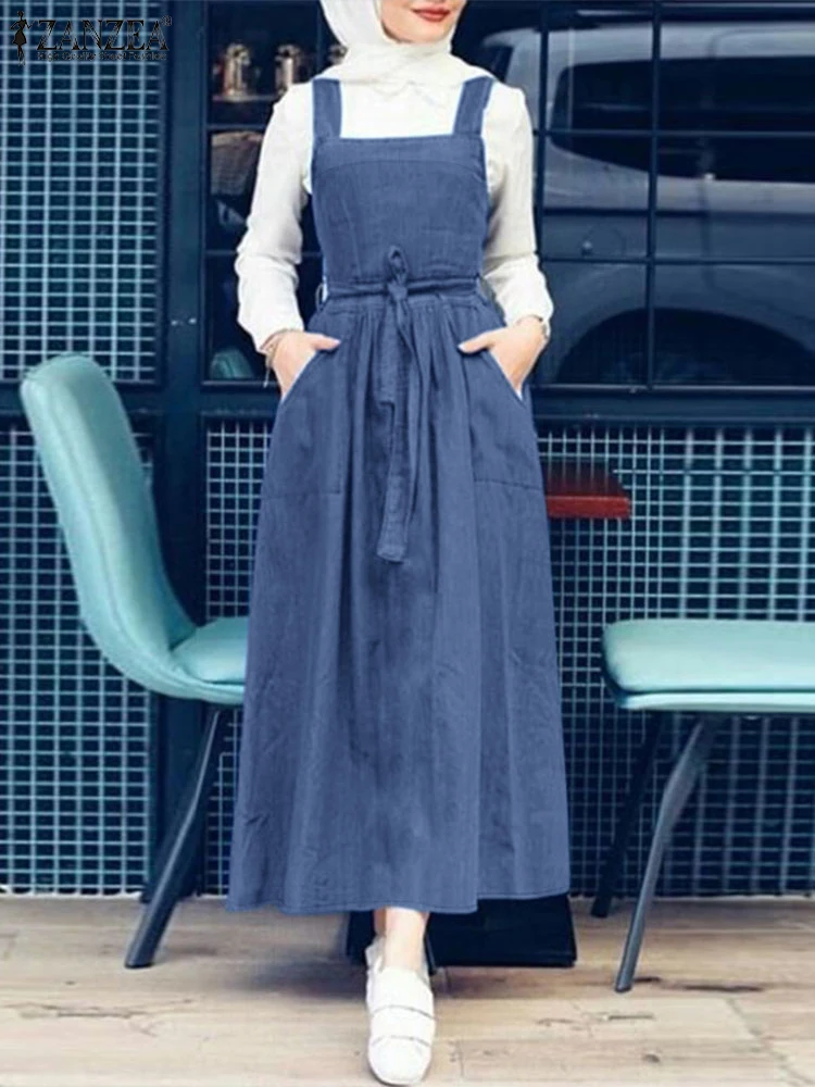 

2025 ZANZEA Muslim Dress Women Sleeveless Overall Dress Fashion Suspender Sundress Solid Denim Blue Vestidos Turkey Abaya Kaftan