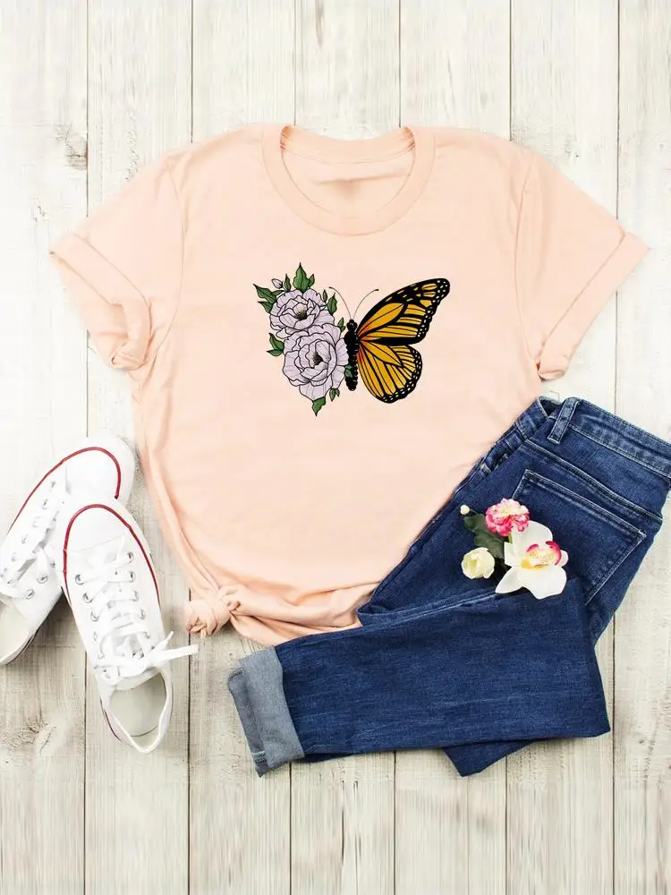 Flower Butterfly Lovely Trend T-shirts Women Clothing Cartoon Shirt Female Short Sleeve Fashion Summer Graphic Tee Print T Top