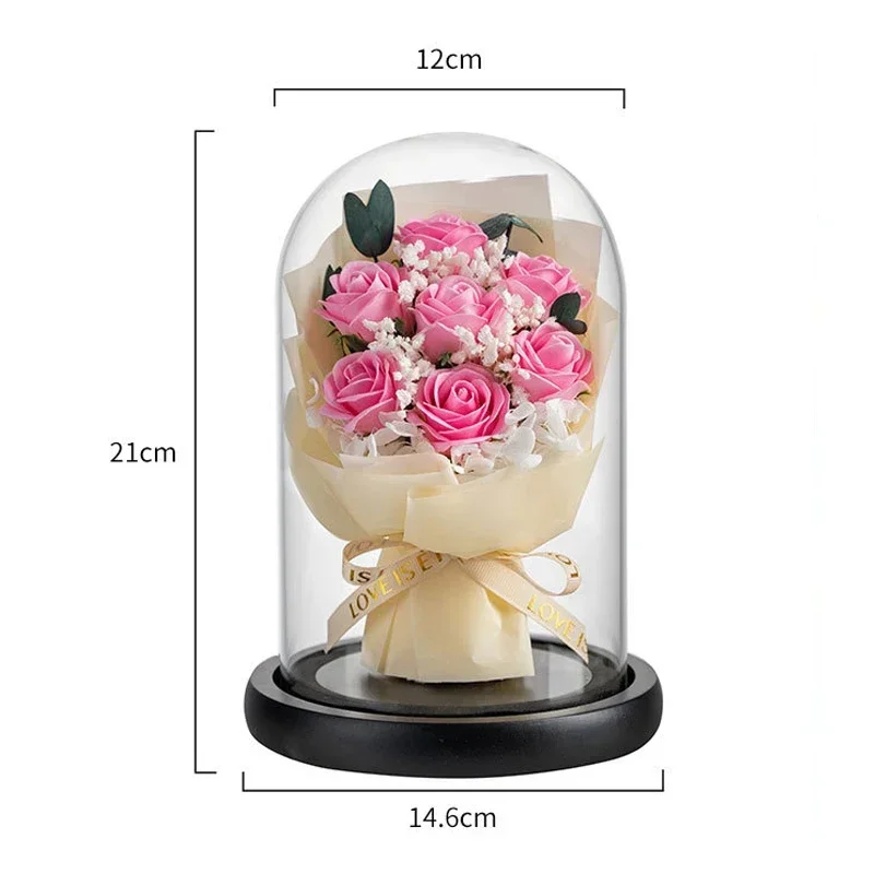 Soap Rose Bouquet in Glass Dome Artificial Sun Flower Eternal Love Valentine Mother Day Christmas Gift for Women Wedding Favor