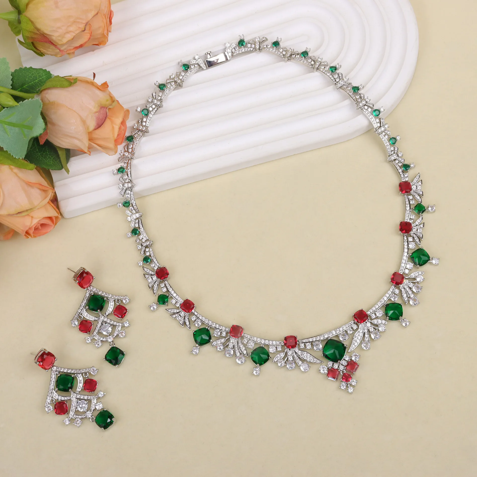 

HIBRIDE European and American Green Luxury Jewelry Necklace Earrings Women's Dress Decoration Wedding Holiday Gift S-1077
