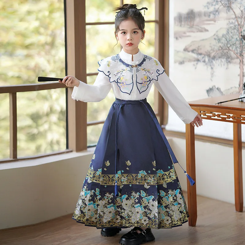 Trajes Tradicionais Chineses para Mulheres, Conjunto de Vestido Hanfu Tecido, Saia de Cara de Cavalo Menina, Roupas de Dança