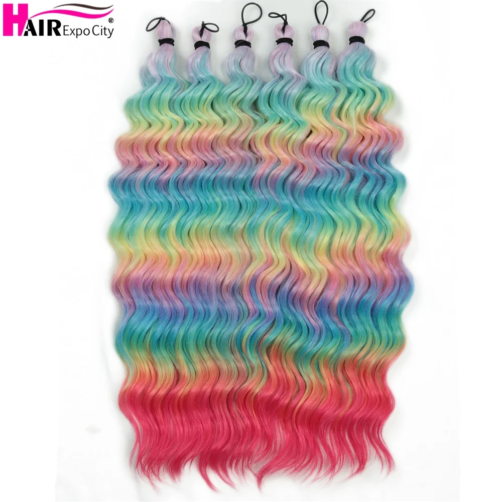 

6Pcs New Deep Wave Crochet Hair Rainbow Color Synthetic Braiding Hair Extensions Ombre Colored Wavy Braid hair Expo City