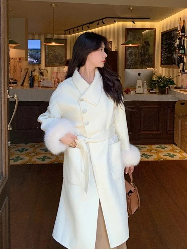 

Women 2025 Rhinestone New Autumn Winter Clothes Long Real Fox Fur Woolen Blends Jacket Female Warm Fur Cuff Cashmere Wool Coat