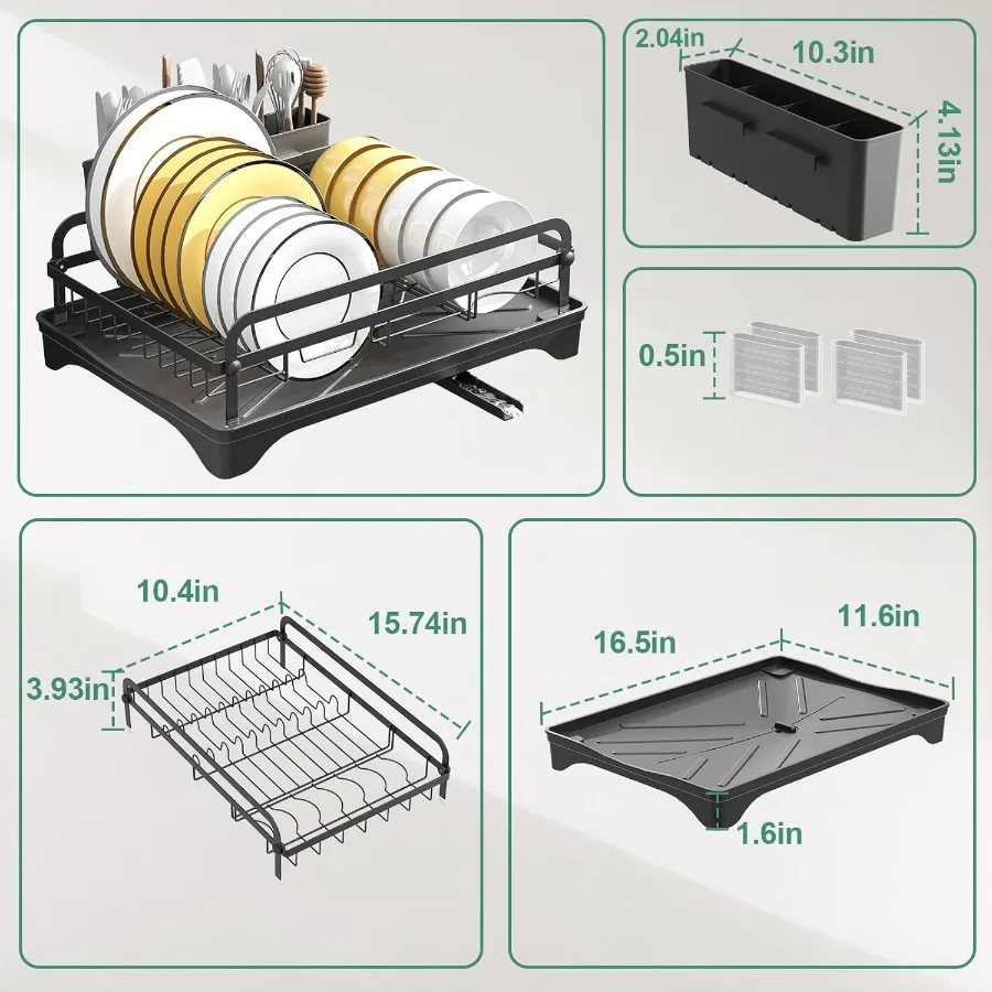 رف تجفيف الأطباق لطاولة المطبخ، رف تجفيف الأطباق الكبير مع حامل أواني، صينية أدوات المائدة، تجفيف الأطباق مع لوح تجفيف أسود