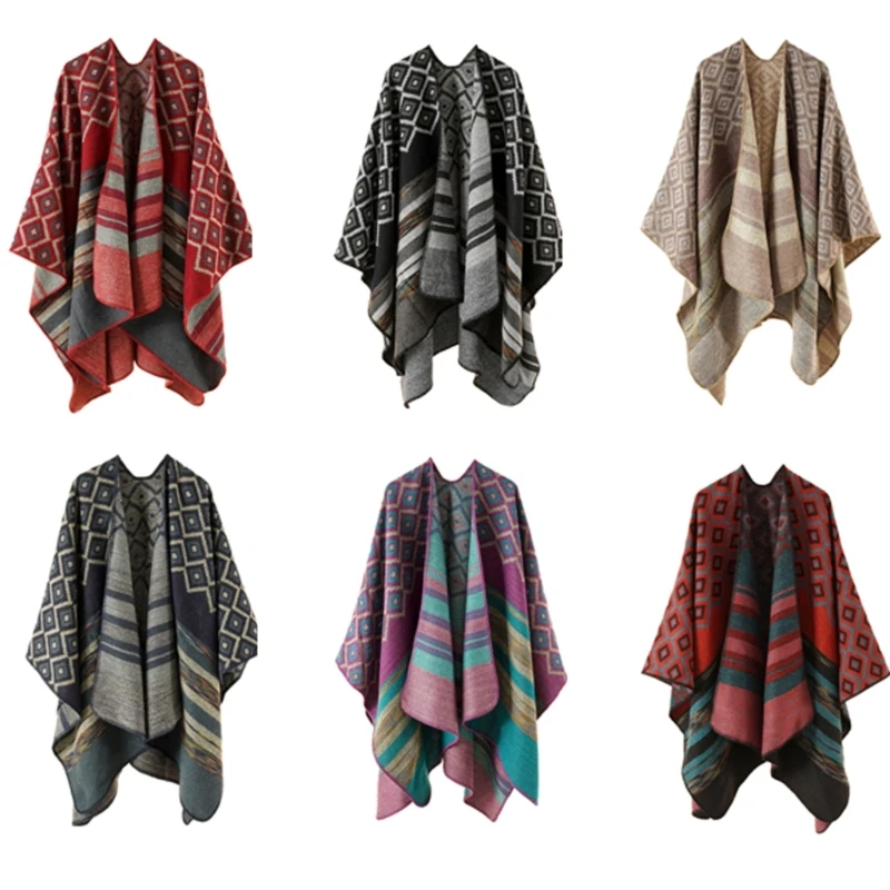 95AB Motivo geometrico Messico Poncho Maglione fatto a mano Pashmina Mantello Scialle Avvolgente per viaggi Inverno Autunno