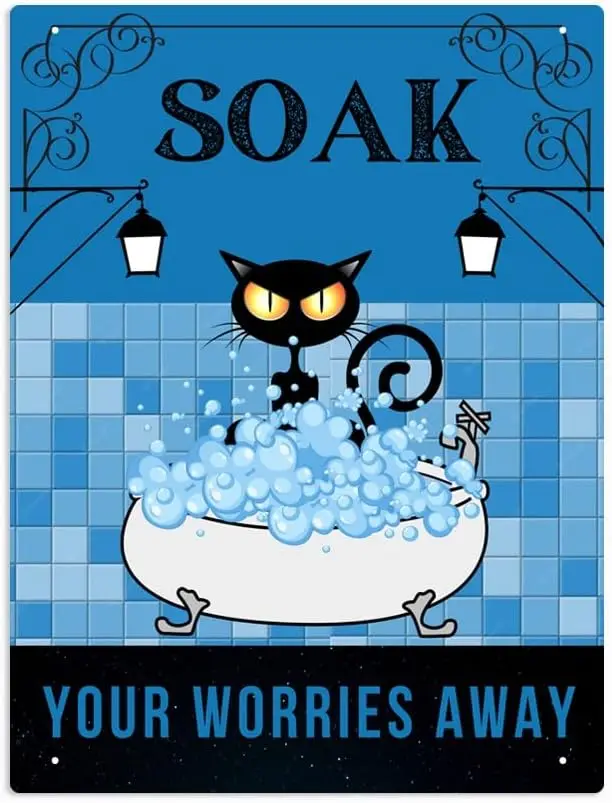 Bathroom Poster Bathtub Dog Retro Metal Tin Sign, Black cat Bubble Bath Soak Your Worries Away Soap Foam Poster Toilet Cave Bar