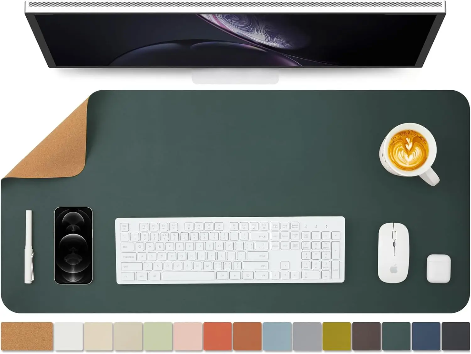 

Dual-Sided Cork Desk Mat, Eco-Friendly PU Leather & Cork, Waterproof, 90x43cm Dark Green