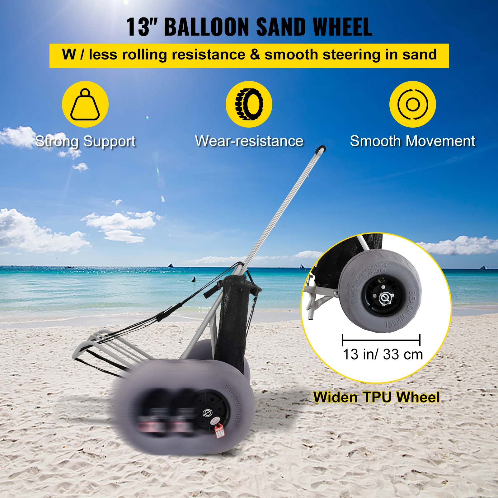 VEVOR-carritos de playa con ruedas de globo de TPU, capacidad de carga de 165LBS, altura ajustable para Picnic, pesca y playa, 12