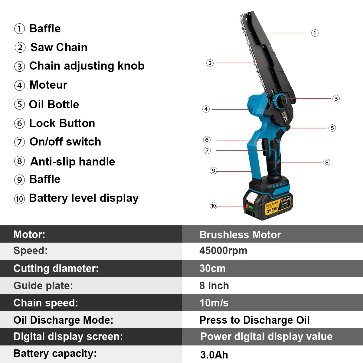 8 zoll Bürstenlose Elektrische Kettensäge Mit Öler Cordless Elektrische Säge Holzbearbeitung Garten Astsäge Werkzeug Für Makita 18 V Batterie