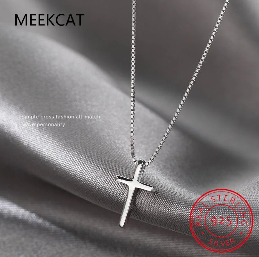 Real 925 Sterling Silver Fashion Sweet Cross Pendant Box Chain Necklace For Women Wedding Party Fine Jewelry DA2710