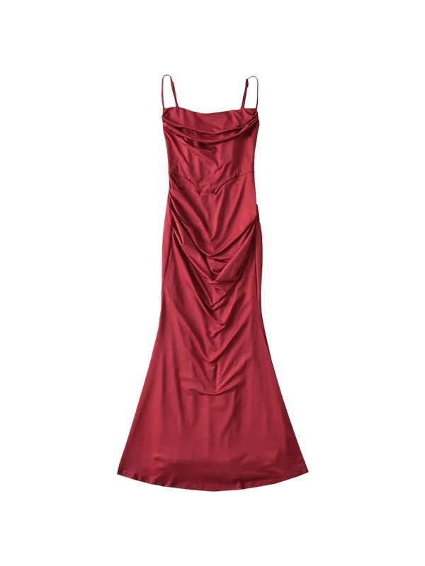 WOMENGAGA Wine Red Sexy Slim Fishbone Slim Fold Wrap Hip Fishtail Strap Dress Elegant Long Party Dress Women's Clothing UFT6