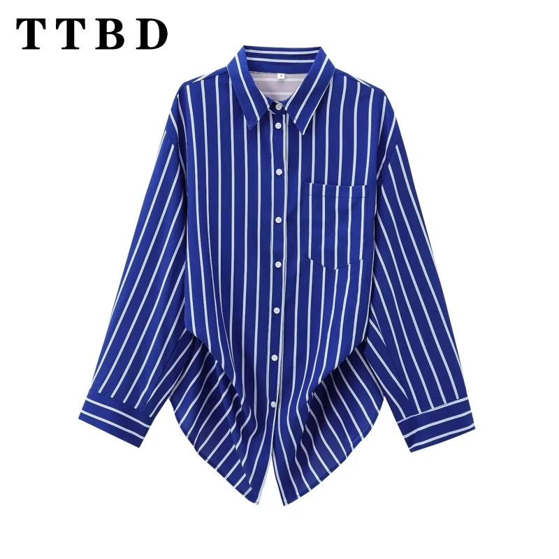 TTBD 2024 New Autumn Woman\'s Casual Single-breasted Long Sleeve Striped Shirt Coat Female Vintage Turn-down Collar Top Jacket