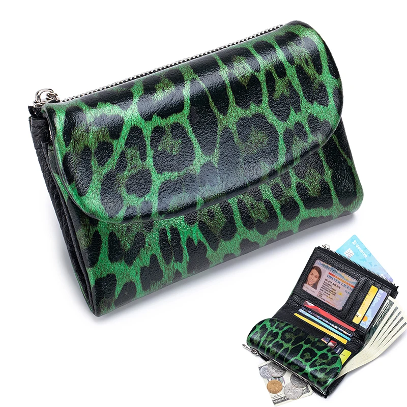 Multi-color Leopard Print Cow Leather Women's Short Wallet Trendy Multi-functional Ladies Clutch Purse ID Card Holder Money Bag