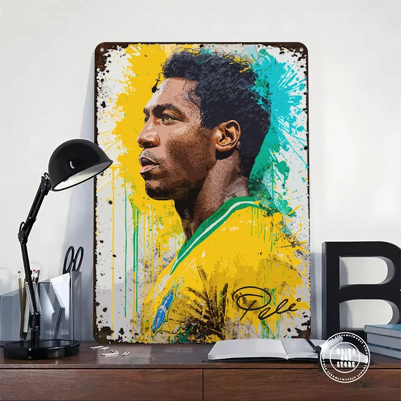 Pelé Portrait With Paint Splatter Metal Poster Customized Wall Art Retro Vintage Metal Signs for Man Cave Living Room Decoration