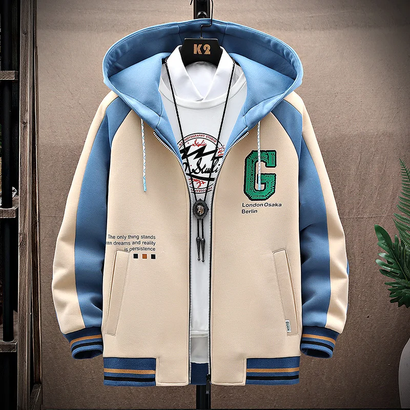 

Casual Spor Men's Jaet Spring 2024 New Korean Sle Trendy Brand Hooded Zipper Svel Polyester Fiber Youth Faion