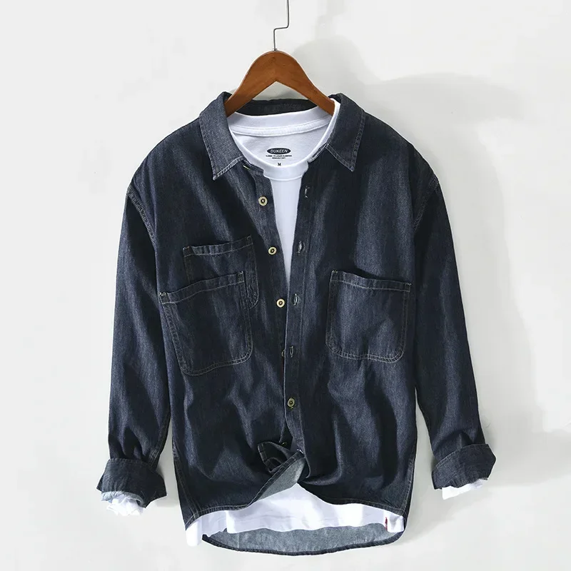 

Retro Long Sleeve Denim Shirt Men Streetwear Light Blue Cowboy Tops Multi-Pocket Pure Cotton Jean Shirt Male Casual Loose Shirts