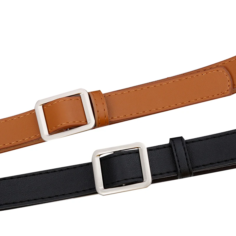 TEXU Student Ladies Belt Non-Porous Belt Female Wild Retro Fashion Simple Ladies Square Buckle Thin Waist Belt Black