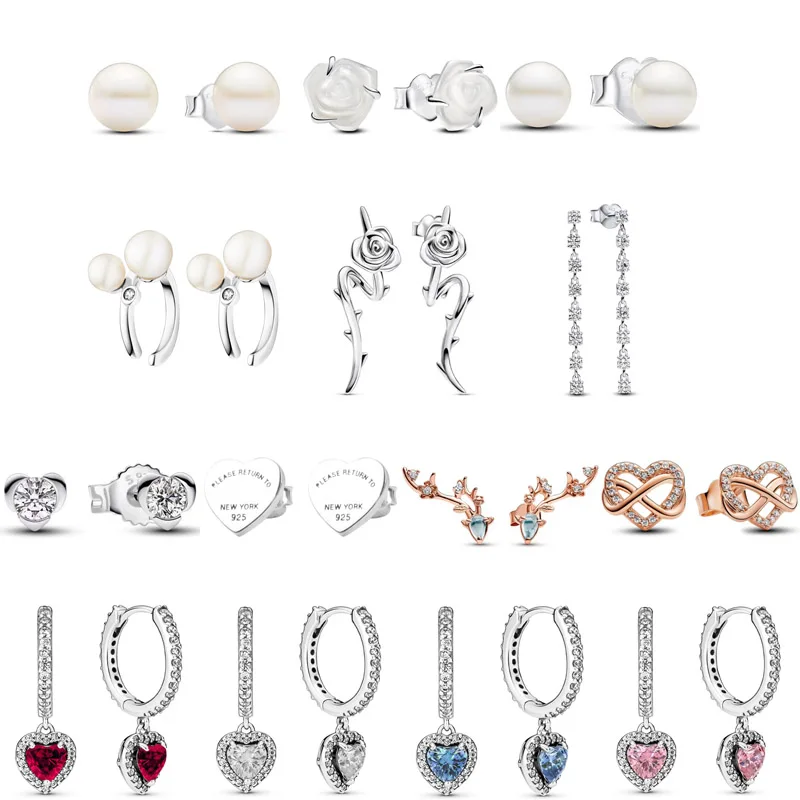 Authentic 925 Sterling Silver Rose In Bloom Infinity Heart Stones Antler Pearl Halo Heart Earring For Women Jewelry Gift