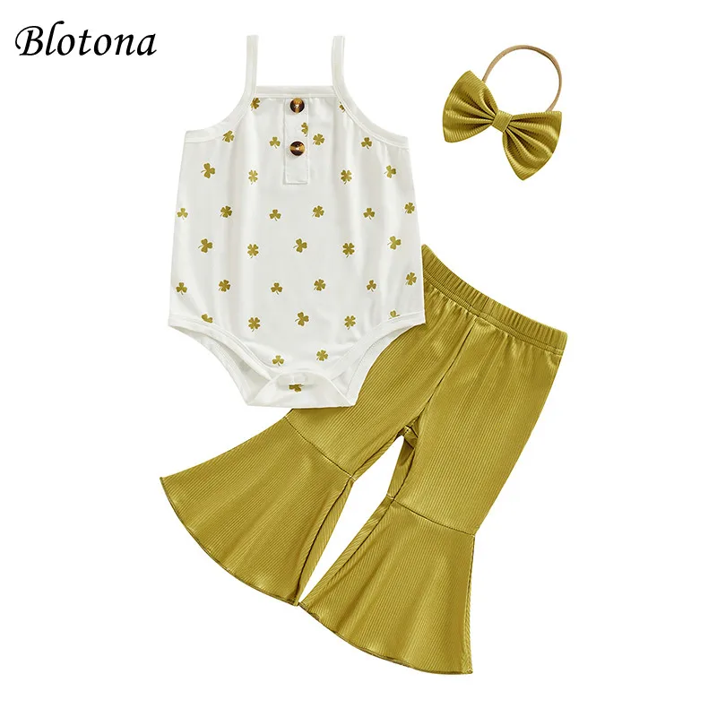 

Baby Girl Ireland Festival Outfits Shamrock Print Sleeveless Rompers Flare Pants Headband 3Pcs Clothes Set 0-18Moths