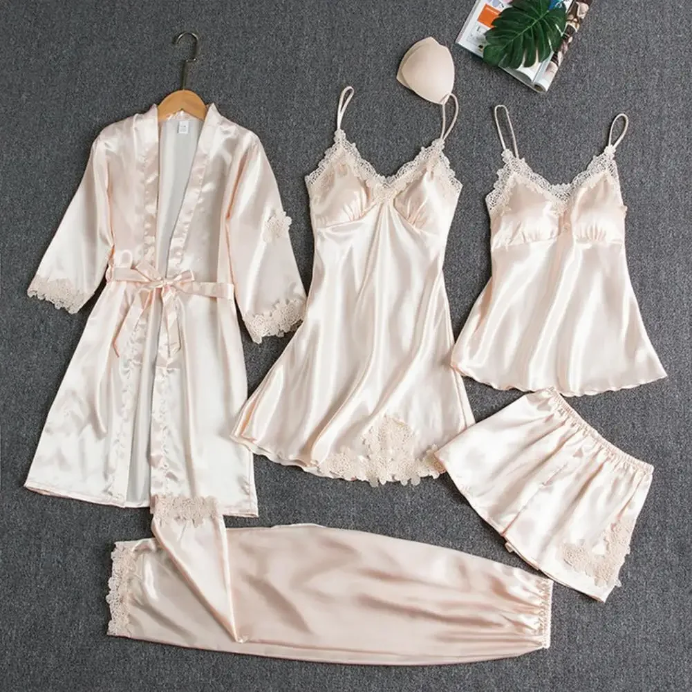

5 Pcs/Set Women Pajamas Set Silky Satin Nightgown Nightdress Top Shorts Pants Set Lace Patchwork Loose Thin Women Homewear Set