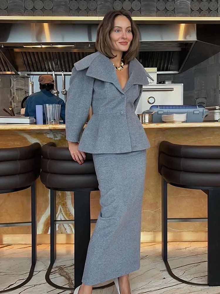 Women Elegant Grey Woolen Coat Skirt Set Fashion Big Lapel Button Full Sleeves Suit 2024 Autumn Office Lady Commute Streetwear